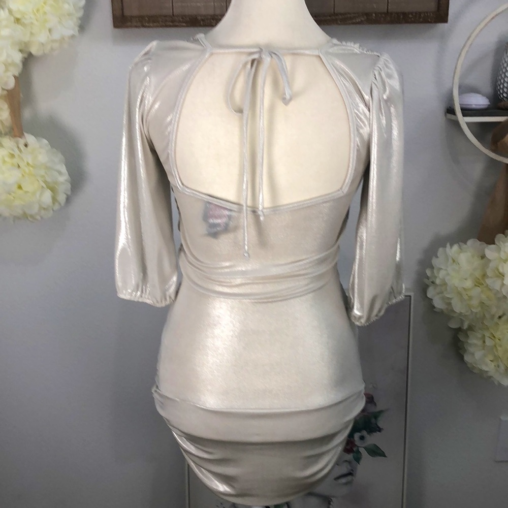 2B Bebe shimmering silver fitted mini dress. Sz S. EUC - Picture 4 of 8